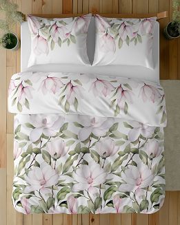 Pościel bawełniana 160x200 Detexpol biała zielona różowa romantyczne magnolie