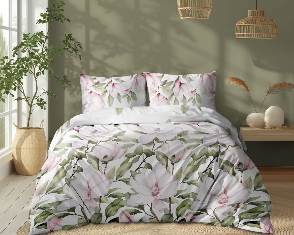 Pościel bawełniana 160x200 Detexpol biała zielona różowa romantyczne magnolie