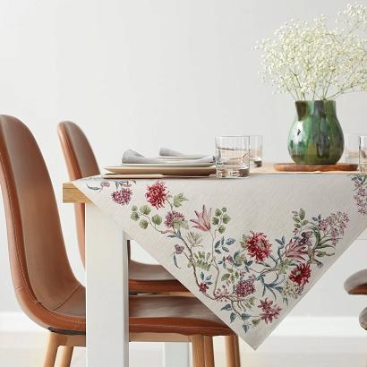 Obrus dekoracyjny gobelin 100x100 Eurofirany naturalny wielokolorowy motyw letnich kwiatów