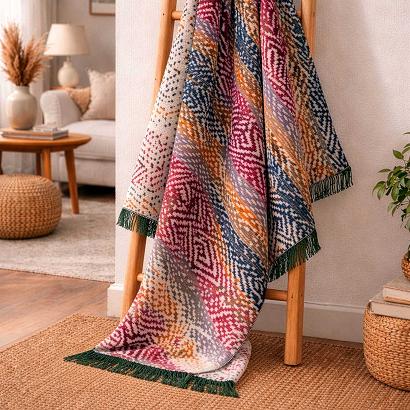 Koc bawełniano-akrylowy 150x200 wielokolorowy z frędzlami fantazyjne pasy duża jodełka