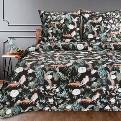 Komplet pościeli w pudełku GIFT2 200x220 Eurofirany czarna jasnoniebieska kwiaty pawie