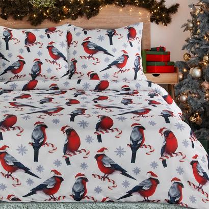 Komplet pościeli świąteczny MELODY 140x200 Eurofirany biała czerwona ptaki gile w czapkach mikołaja