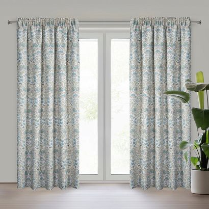 Zasłona gotowa na taśmie ASHLEY 135x270 Eurofirany biała niebieska beżowa roślinny ornament