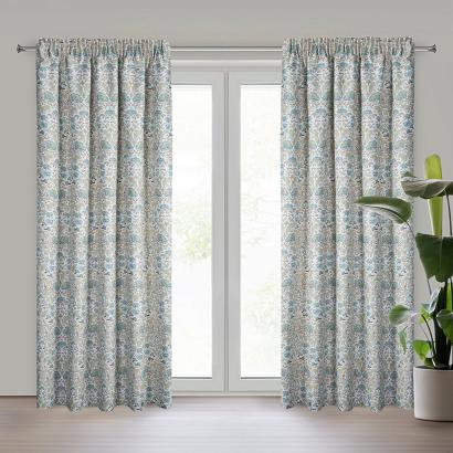 Zasłona gotowa na taśmie ASHLEY 135x270 Eurofirany biała niebieska beżowa roślinny ornament