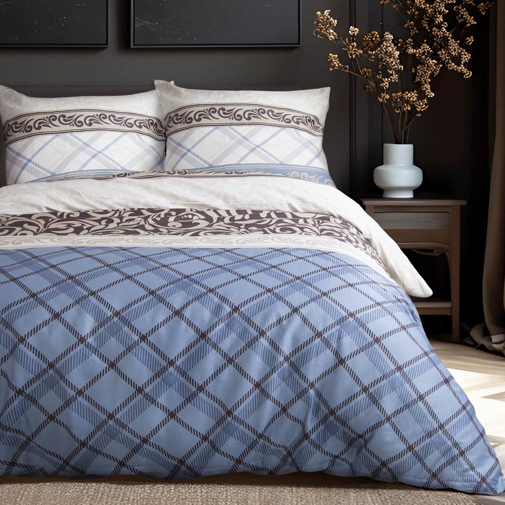 Pościel satyna bawełniana SATYNLOVE 140x200 biała niebieska brązowa klasyczna krata