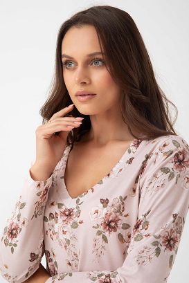 Koszula damska LUNA kod 288 pudrowa w różowo-oliwkowe kwiaty