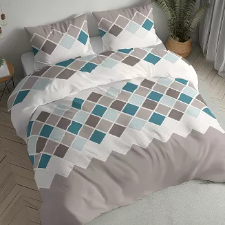 Pościel flanelowa 220x200 beżowa biała turkusowa geometryczna mozaika