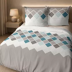 Pościel flanelowa 220x200 beżowa biała turkusowa geometryczna mozaika