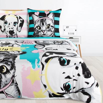 Pościel bawełniana KID 160x200 Design91 biała niebieska czarna pies i kot