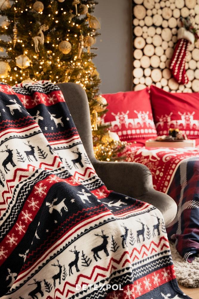 Koc bawełniano-akrylowy 150x200 świąteczny wzór norweski granatowy