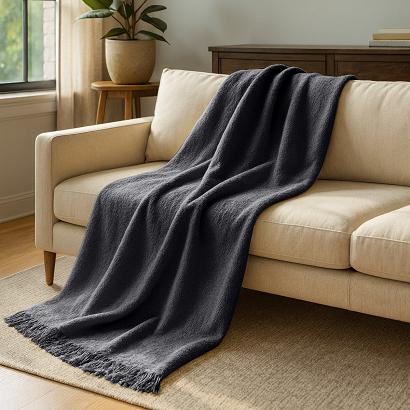 Koc bawełniano-akrylowy 150x200 antracytowy z frędzlami