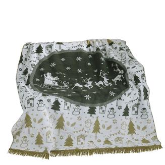 Koc bawełniano-akrylowy 150x200 świąteczny biały zielony Mikołaj w saniach