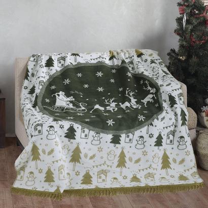 Koc bawełniano-akrylowy 150x200 świąteczny biały zielony Mikołaj w saniach