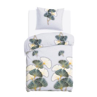 Pościel flanelowa FLANELOVE 140x200 liście miłorzębu na jasnoszarym tle