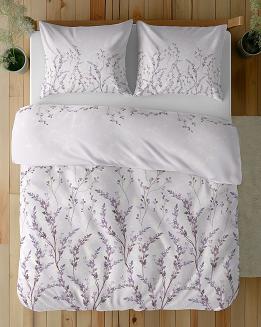 Pościel satynowa 220x200 Detexpol pudrowa fioletowa gałązki