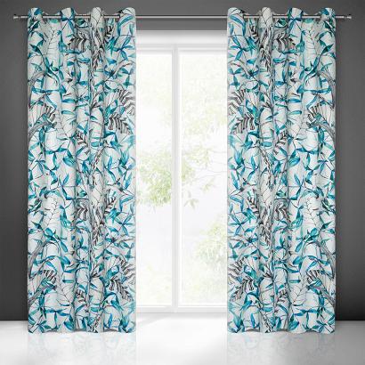 Zasłona gotowa na przelotkach IGA 140x250 Eurofirany biała niebieska botaniczny nadruk