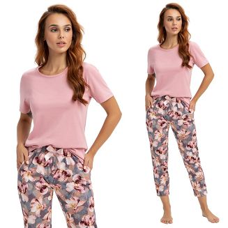 Piżama damska LUNA kod 679 różowa pudrowa szara w kwiaty „irysy”