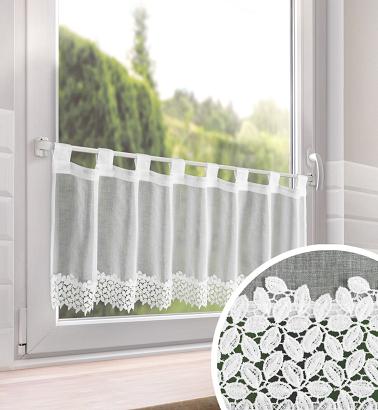 Firana gotowa na szelkach HESTIA 150x40 Eurofirany biała z etaminy koronkowe listki na dole