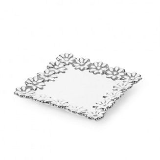 Patera ceramiczna MELRLIN + 6 talerzy biała zdobiona srebrnymi kwiatuszkami