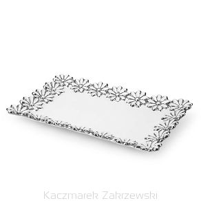 Patera ceramiczna MELRLIN + 6 talerzy biała zdobiona srebrnymi kwiatuszkami