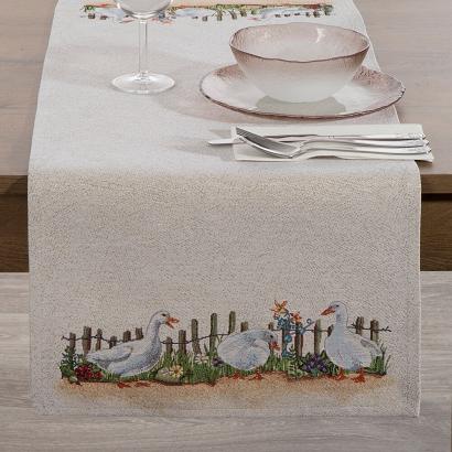 Bieżnik dekoracyjny gobelin 40x100 Eurofirany naturalny wielokolorowy wiejski krajobraz gęsi