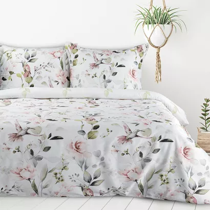 Pościel bawełniana LEA 220x200 Design91 biała różowa kwiaty gałązki kolibry