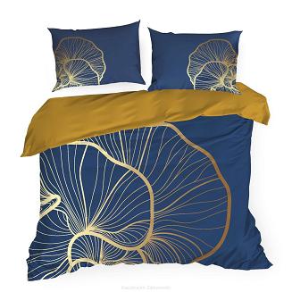 Pościel satynowa PREMIUM 160x200 Eurofirany złote beżowe liście na granacie