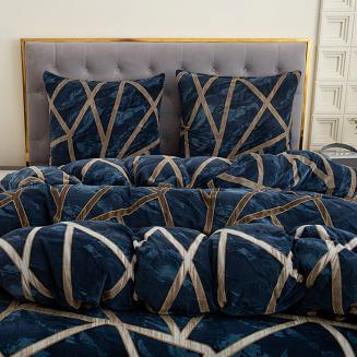 Pościel polarowa 220x200 welur granatowa beżowa geometria