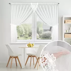 Firana gotowa na taśmie ARTEMIDA 400x160 Eurofirany biała z etaminy kwiatowa aplikacja na bokach