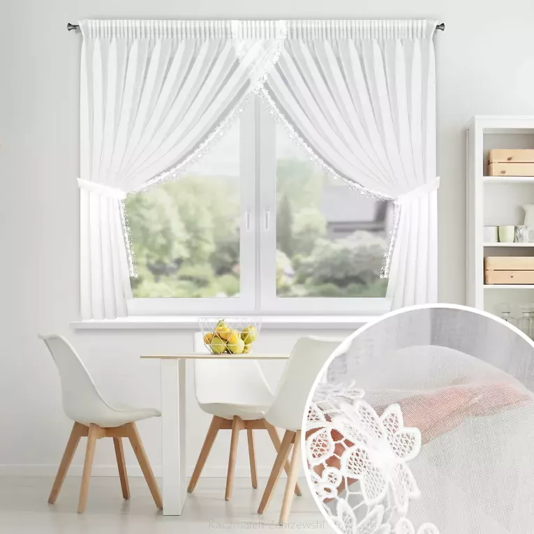 Firana gotowa na taśmie ARTEMIDA 400x160 Eurofirany biała z etaminy kwiatowa aplikacja na bokach