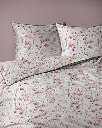 Pościel z perkalu Lamé Percale 220x200 kremowa różowe fioletowe polne kwiaty ozdobna lamówka biza