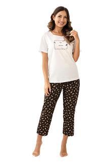 Piżama damska REGINA kod 733 ekri brązowe spodnie w piórka