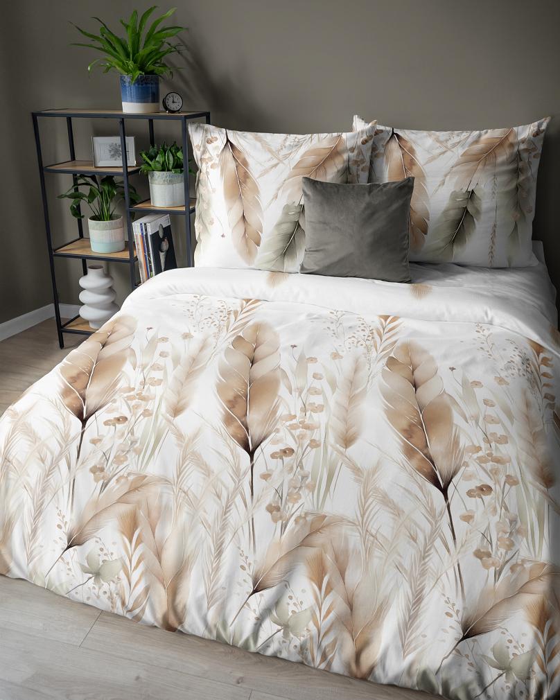 Pościel satynowa 160x200 Detexpol biała rdzawe kłosy zbóż