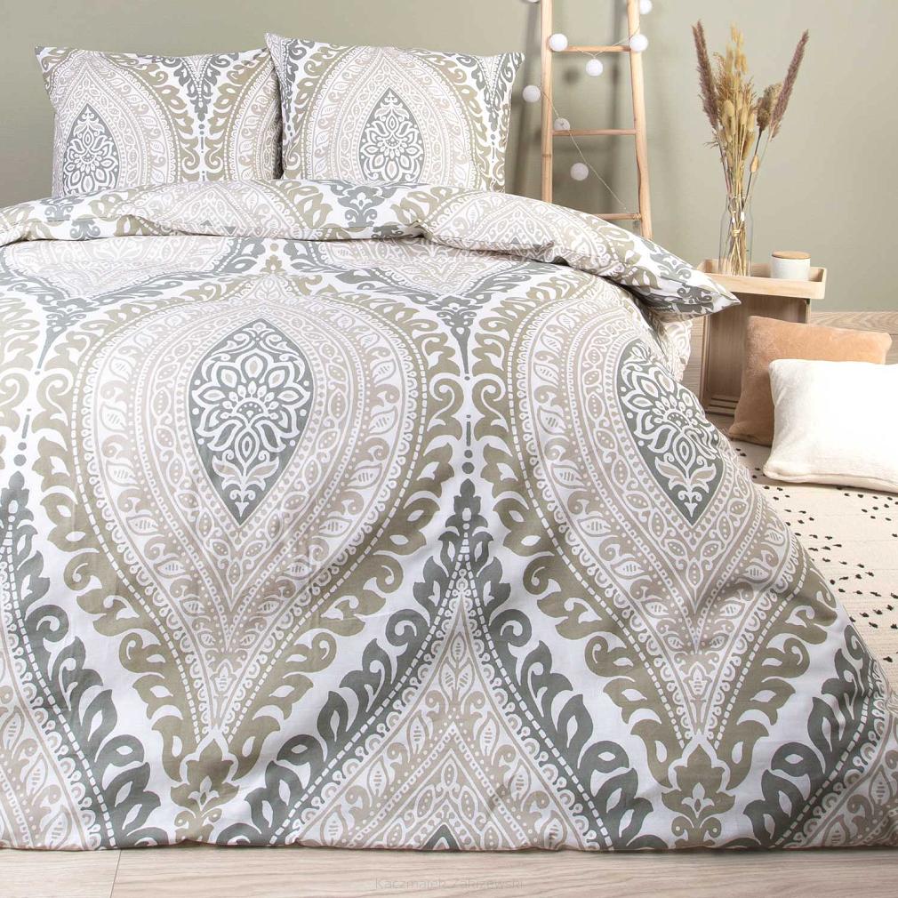 Pościel bawełniana 160x200 COTTONLOVE biała zielony ornament