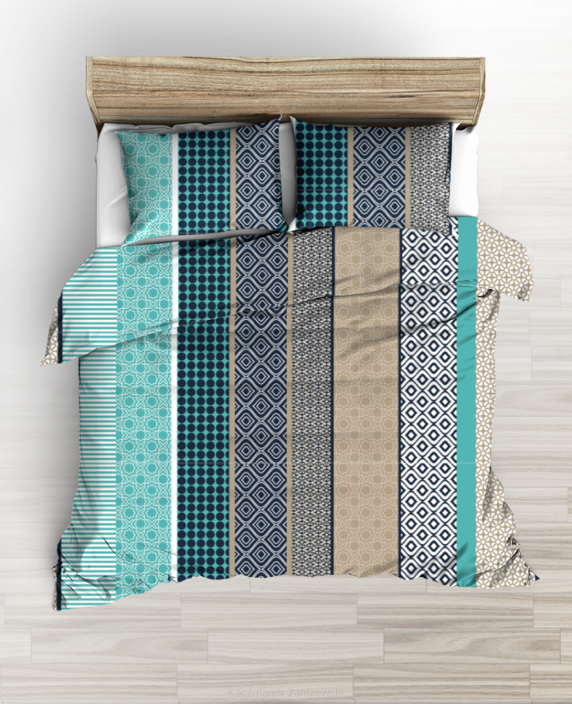 Pościel z kory 160x200 turkusowa beżowe szara pionowe pasy romby geometria