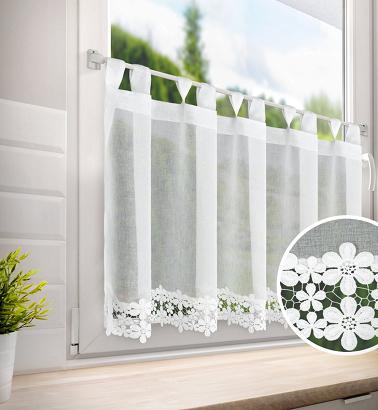Zazdrostka firana gotowa na szelkach KAJA 150x70 Eurofirany biała zdobiona koronką aplikacją w kwiat