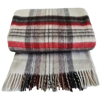 Koc wełniany z frędzlami 155x205 mała krata czerwona ekri brązowa