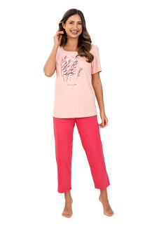 Piżama damska REGINA kod 740 morelowa koralowa t-shirt z nadrukiem