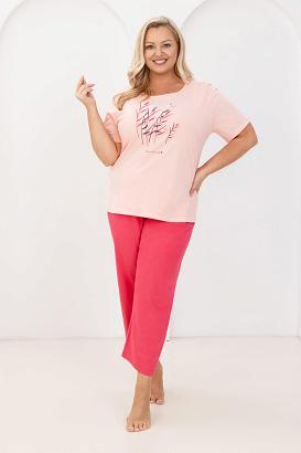 Piżama damska REGINA kod 740 morelowa koralowa t-shirt z nadrukiem