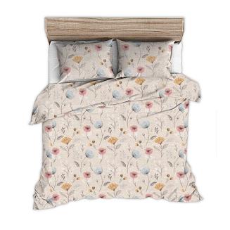 Pościel z kory 200x220 szare różowe pomarańczowe maki na beżowym tle