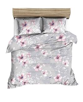 Pościel z satyny luksusowej 160x200 szara duże różowe rysowane kwiaty
