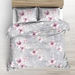 Pościel z satyny luksusowej 160x200 szara duże różowe rysowane kwiaty