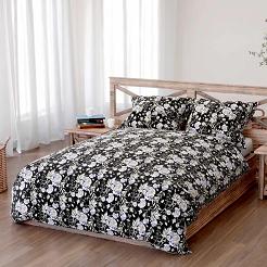 Pościel bawełniana PEONY DARK 140x200 czarna fioletowo-białe peonie