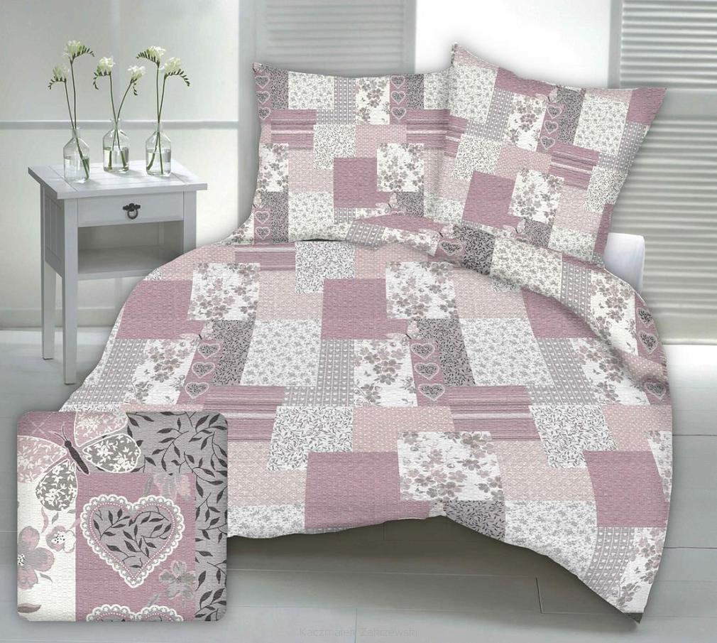 Pościel satyna korowana 160x200 różowa patchwork serca motyle kwiaty