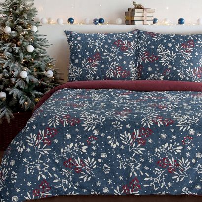 Komplet pościeli świąteczny KRISTY 220x200 Eurofirany granatowy czerwony zimowy ogród