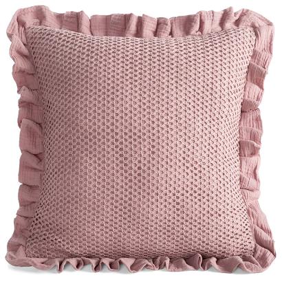 Poszewka dekoracyjna MUSLIN2 45x45 Eurofirany pudrowa z siatką a'la koronka i falbaną