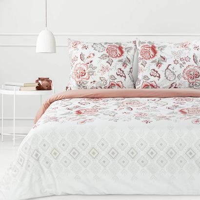 Pościel bawełniana Classic Deluxe SARA 160x200 Eurofirany koralowa biała kwiaty geometria