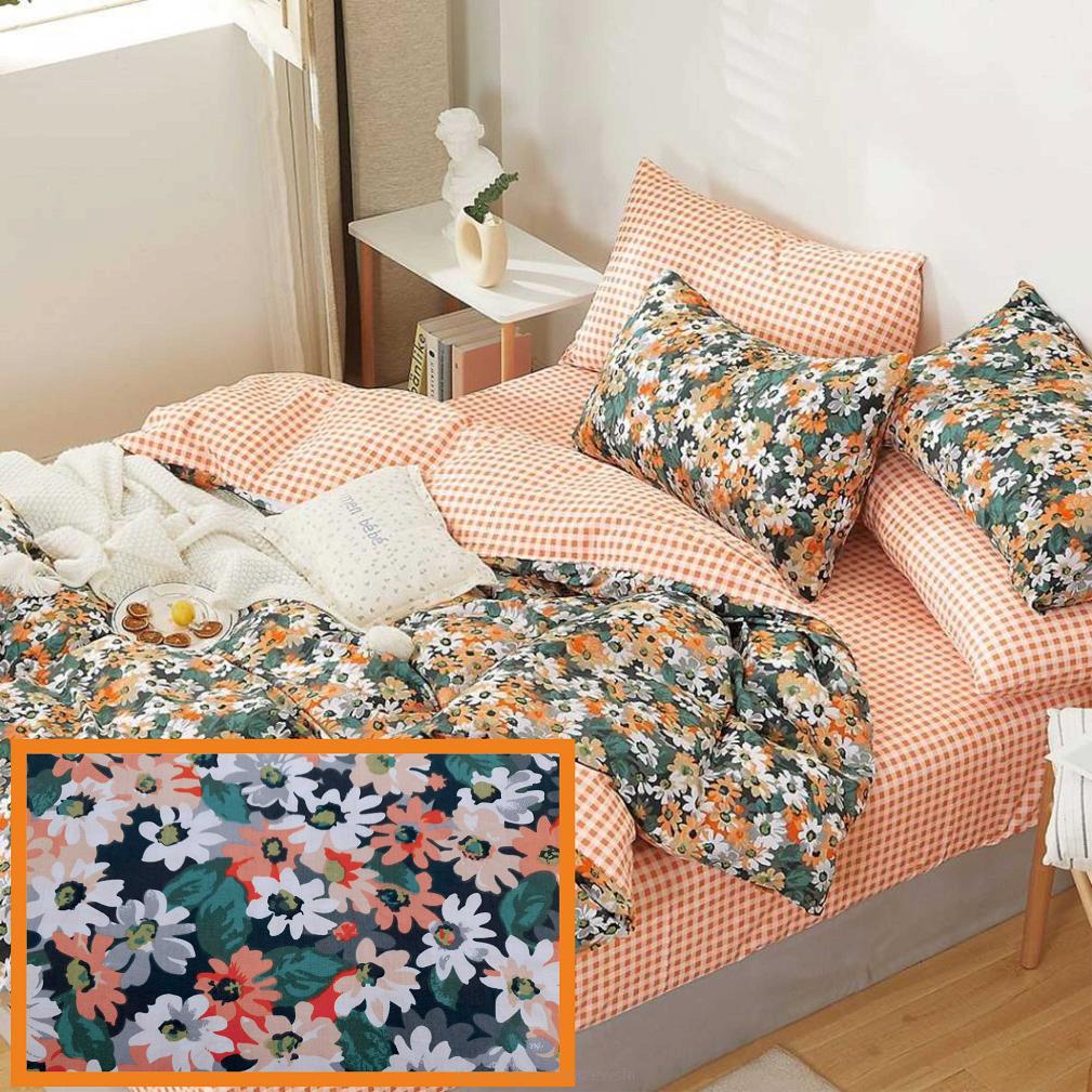 Pościel satynowa 140x200 wzór kolorowe kwiaty / kratka vichy