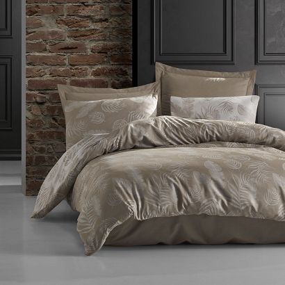 Pościel bawełniana BAHAMA LIGHT BROWN 160x200 COTTONLOVE JACQUARD jasnobrązowa wzór liści