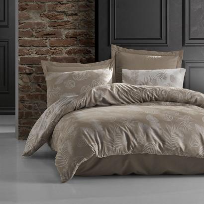Pościel bawełniana BAHAMA LIGHT BROWN 160x200 COTTONLOVE JACQUARD jasnobrązowa wzór liści